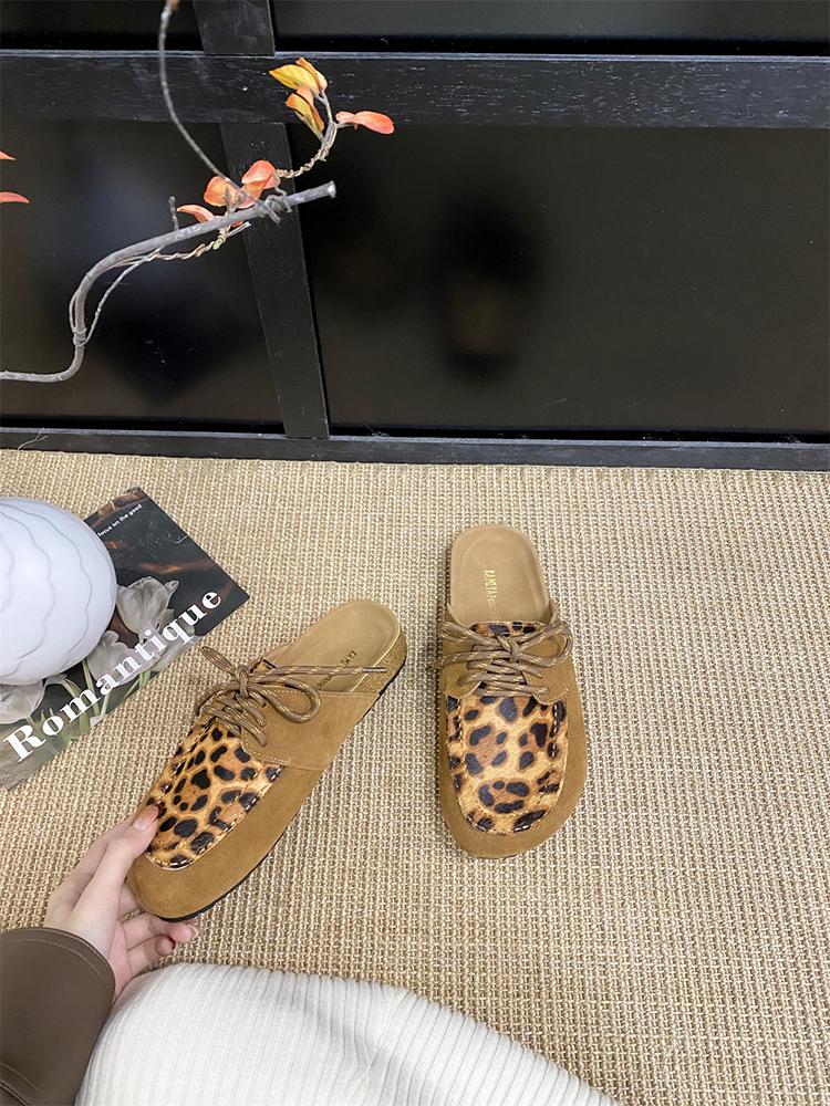 

Fashion Summer Leather Casual Shoes Leopard Print Women s Mules Slippers Breathable Females Sandals Slip-on Half Loafers Zapatos Hombre 35 коричневый