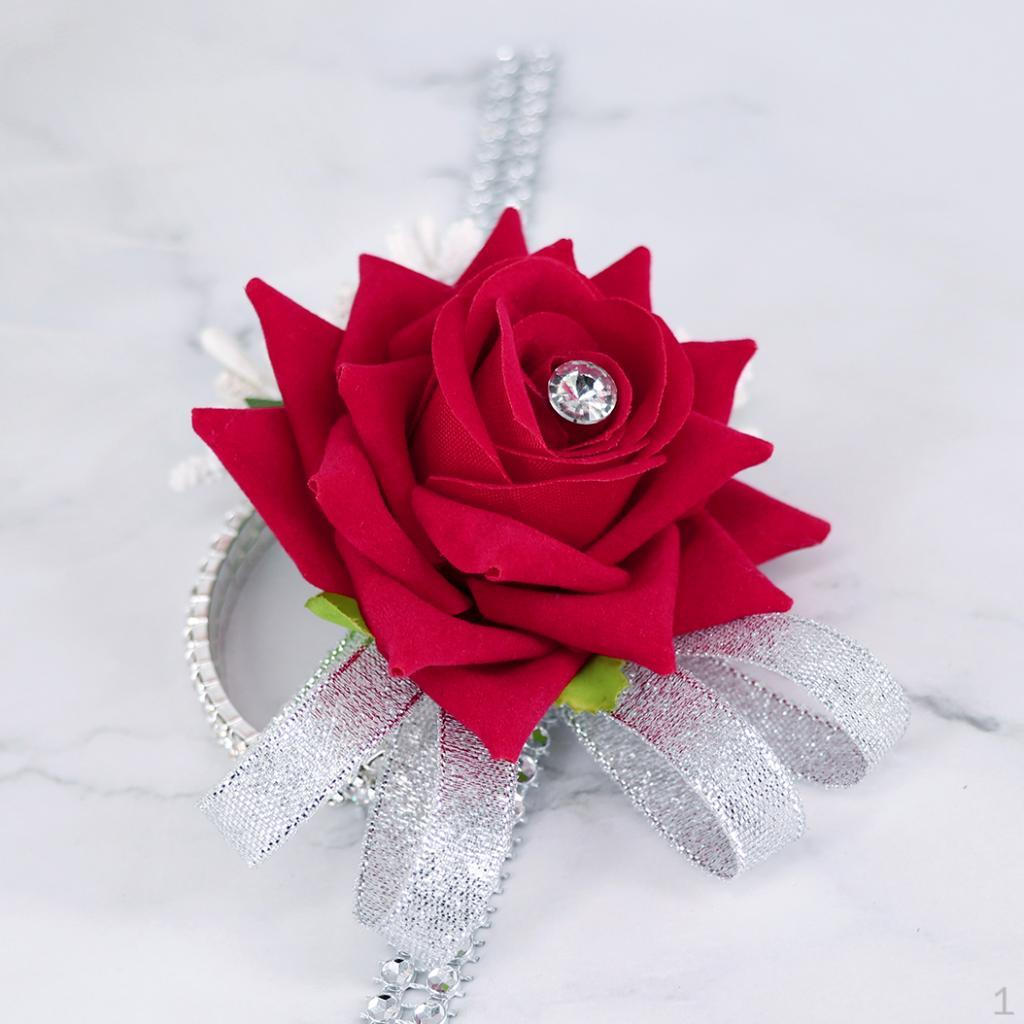 Velvet Hand Flower Girls Wrist Corsage With Rhinestone Chain - Red, 10x8x6cm