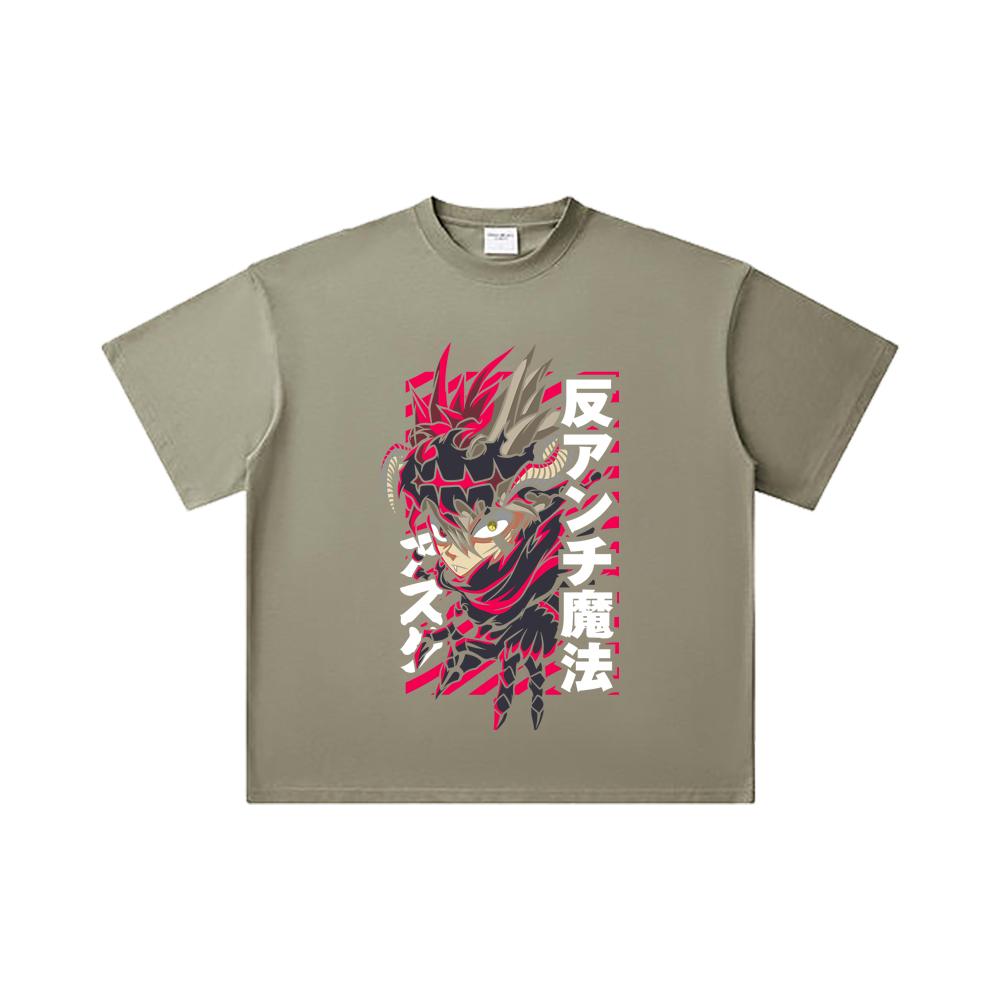 260 GSM Double Yarn 32 Count 100% Cotton Black Clover V5 Asta Demon Print Unisex Heavy Cotton T Shirt
