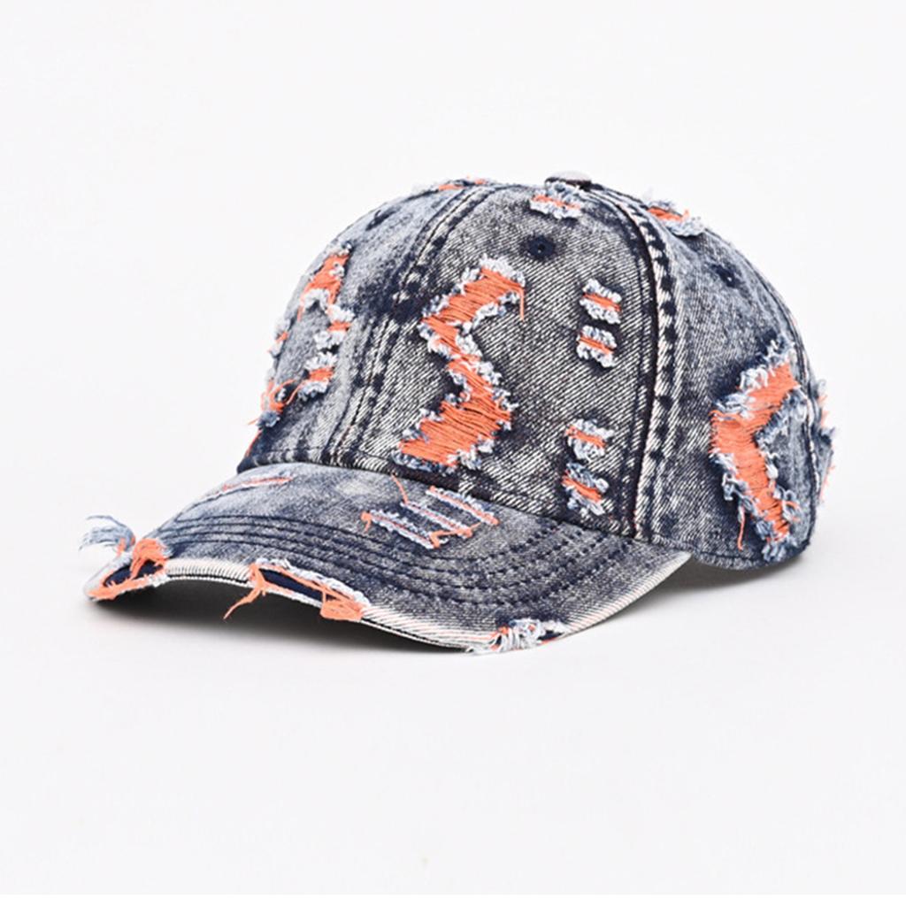 Distressed Denim Baseball Cap with Torn Detailing and Adjustable Strap for Casual Unisex Use Outdoor Activities
