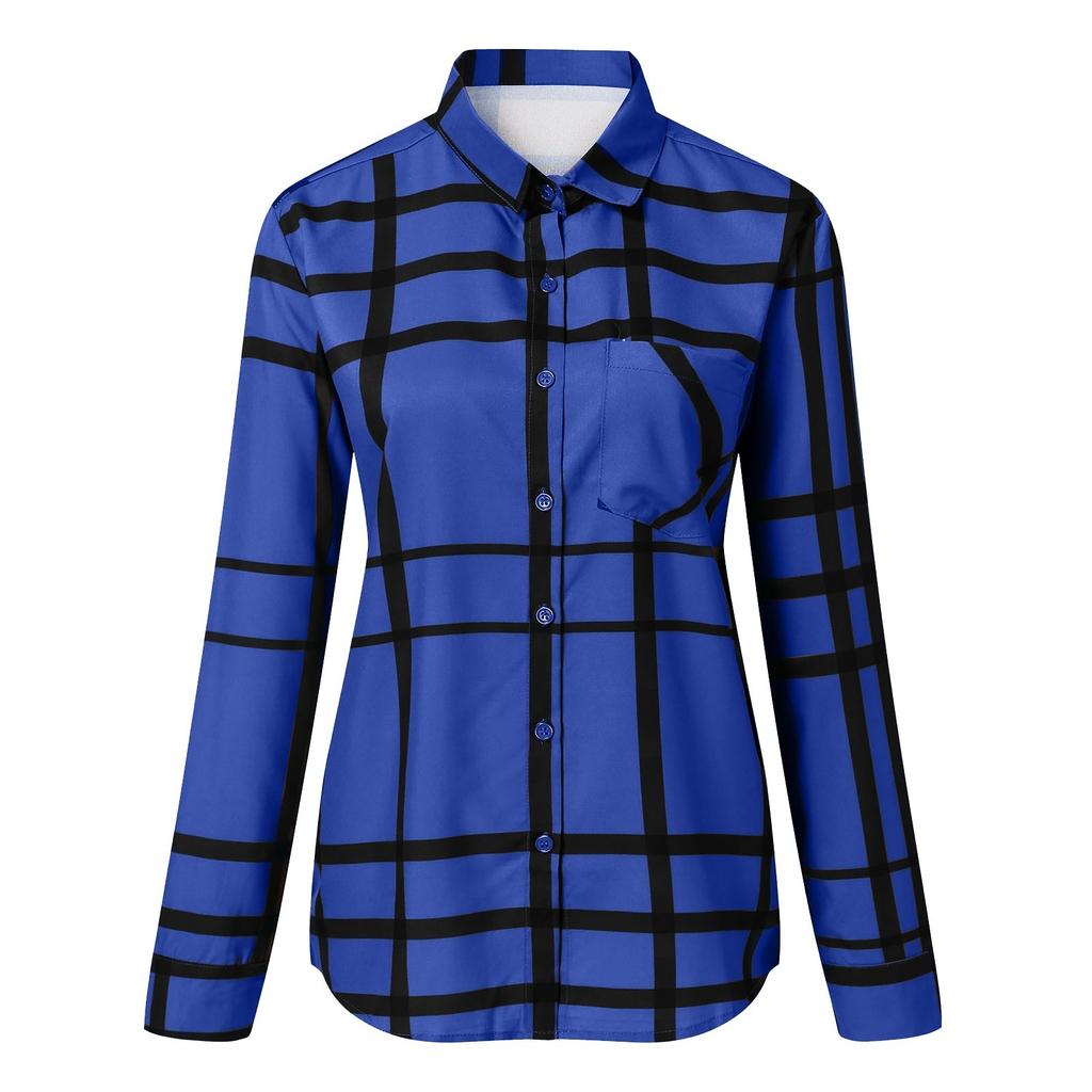 Women's Casual Loose Lapel Long Sleeve Plaid Printed Shirt Blouse Shirts Tops