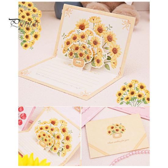 Pop-Up Greeting Card 3D Flower Bouquet Card Handmade Rose Sunflower Tulip Gift Card for Mother's Day Graduation Anniversary