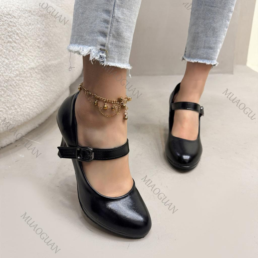 Fashion New Spring Autumn Pumps Shoes Leather Round Toe Women High Heels Shallow Mouth Versatile Solid Color Elegant Woman Heeled Shoes