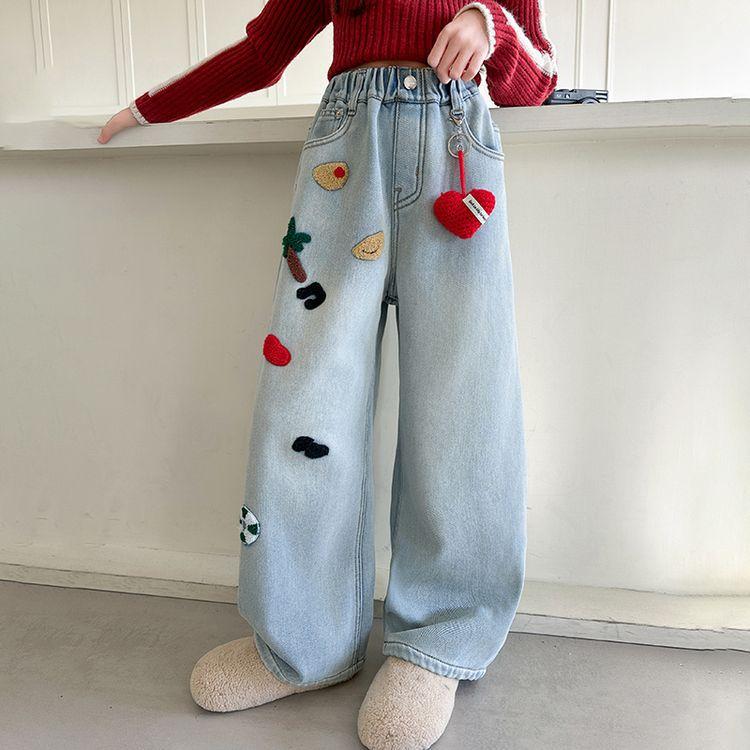 Mädchen Weitbeinjeans Gerade Beinjeans Frühling und Herbst Kinderjeans Locker Handtuchbestickte Hose Jeans