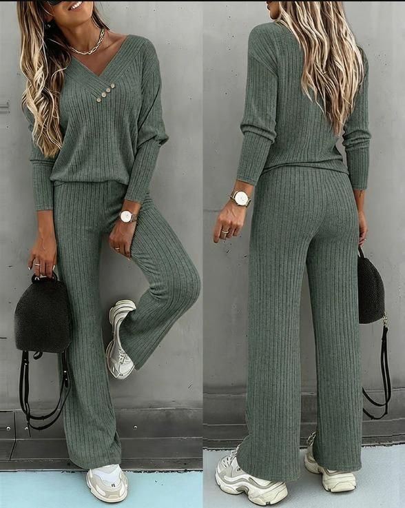 Spot 1116 autumn and winter new European and American fashion solid color casual long sleeves and trousers two-piece set for women