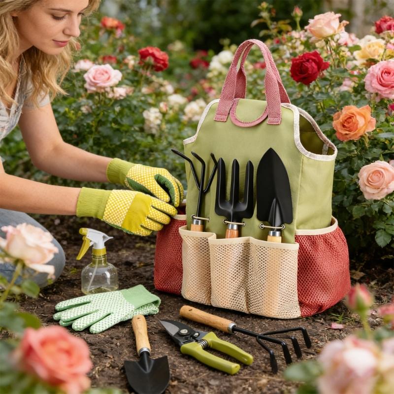 Complete 9 In 1 Garden Kit With Ergonomic Handles And Waterproof Fabric Pouch