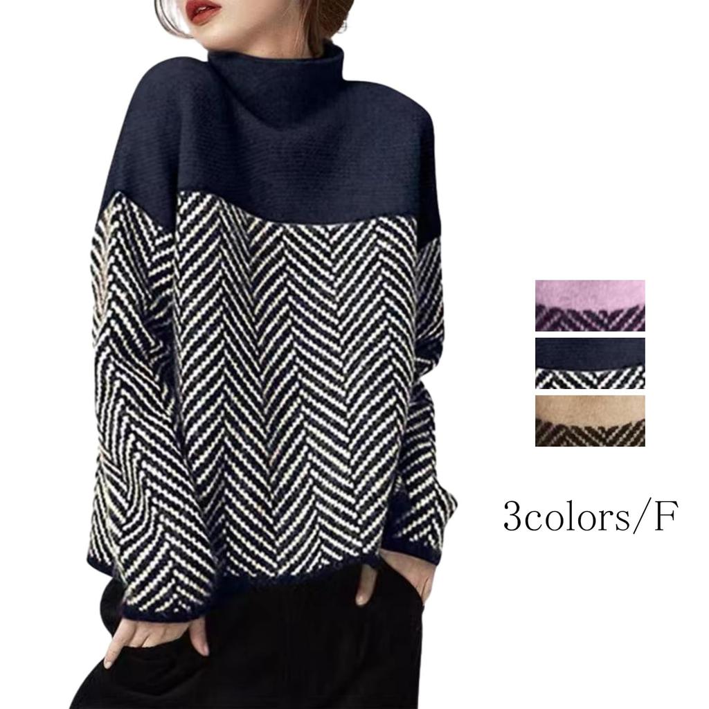 RoyzTocz Striped Turtleneck Knit Long Korean Perfect for Going and Winter Women's Sweater, Sleeve, Slimming, Style, Versatile, Casual, Cute, Stretchy,