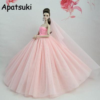 Light Pink Doll Dress For Barbie Doll Clothes Vestidoes Long Tail Evening Gown Clothes Wedding Dress +Veil 1/6 Doll Accessories
