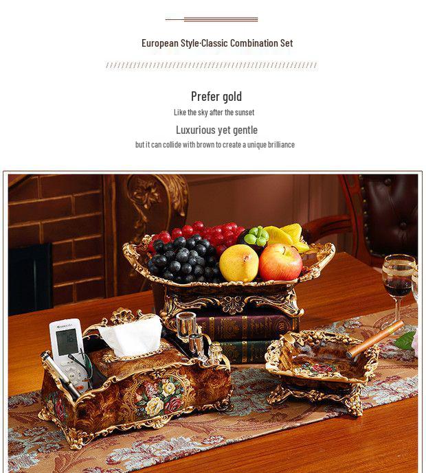 European and American Decorative Set: Fruit Bowl, Tissue Box, Ashtray, and Figurines for Living Room Coffee Table.