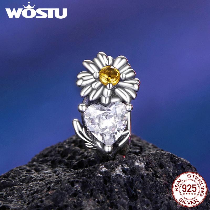 WOSTU 925 Sterling Silver 12 Color Flower Birthstone Charms Bead Fit Original Bracelet DIY Necklace Girl Daughter Birthday Gift