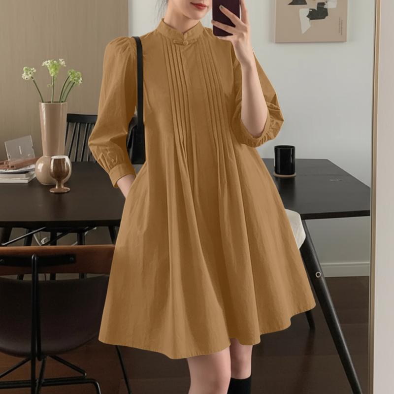 ZANZEA Lässiges, lockeres Langarmkleid für Damen mit Stehkragen