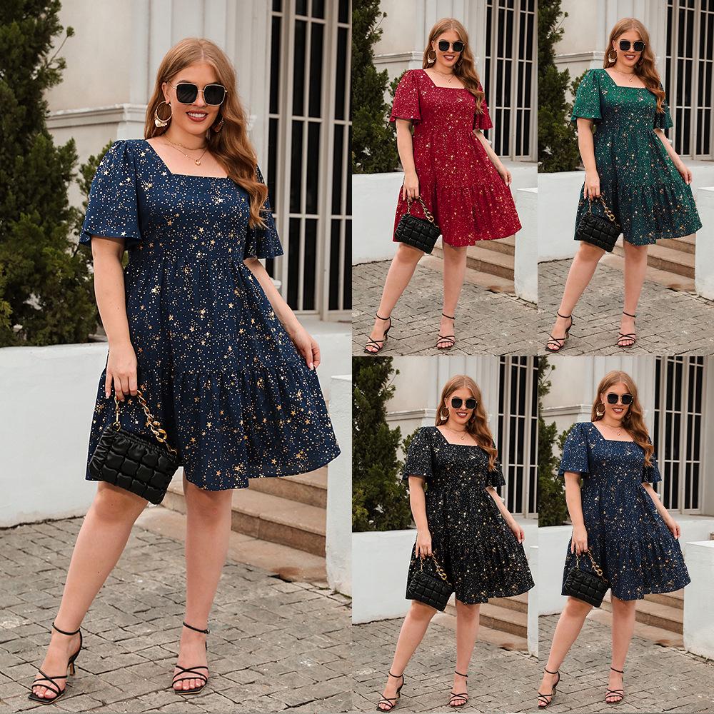 Hot Stamping Print Plus Size Casual Cocktail Party Dress - Women's Clothing