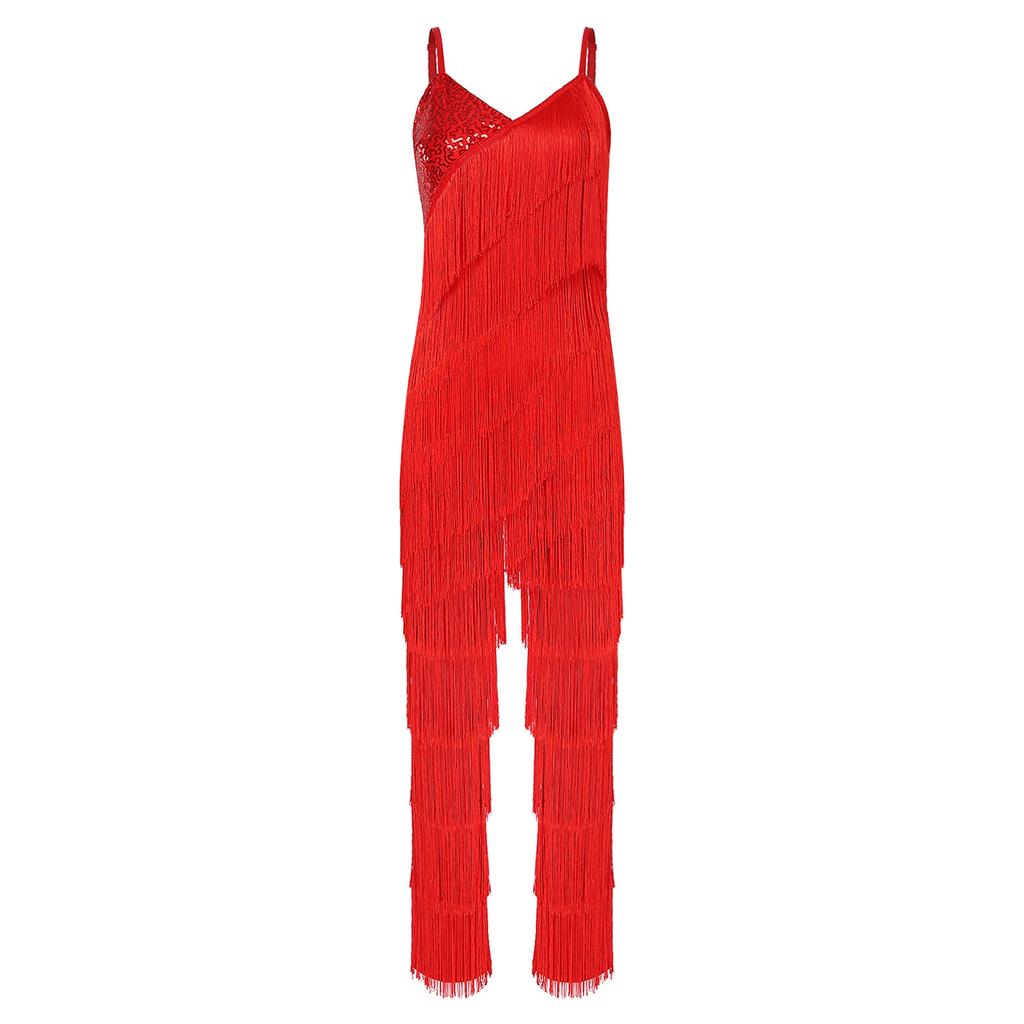 Women’s Ballroom Latin Bodysuit S-XXL Shiny Sequin Tiered Fringe Cami Jumpsuit Long Pants Unitard for Salsa Cha-Cha Tango Performance