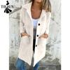 Moda mujer Casual Color sólido estampado Otoño Invierno manga larga cuello POLO chaquetas y abrigos
