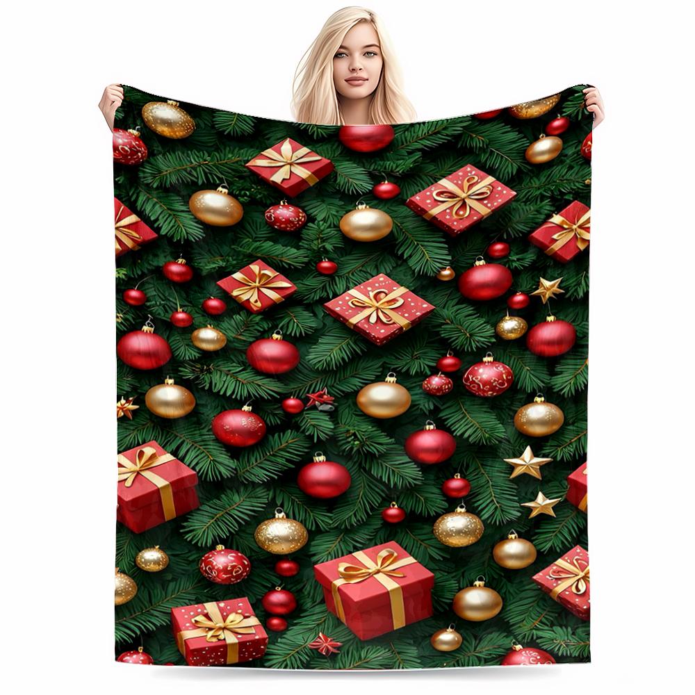 Christmas Tree Blanket with Red Baubles and Gift Box Pattern Blanket, Suitable for Use In the Bedroom, Living Room, On the Sofa