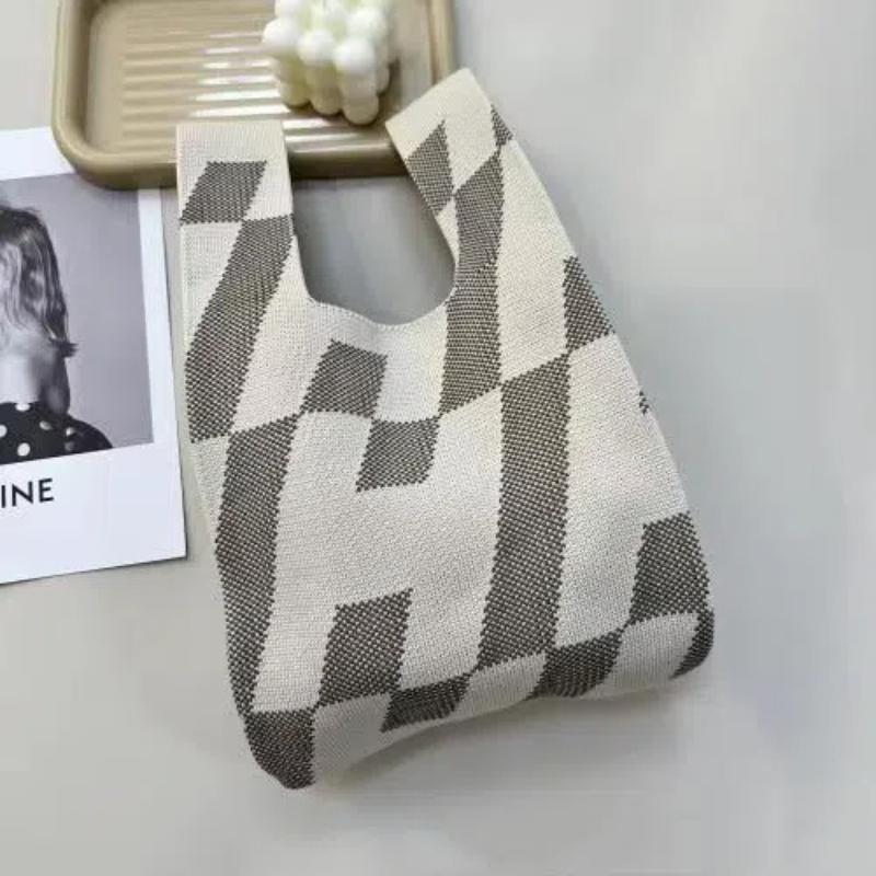 Women's Knot Wrist Bag Handmade Knitted Bag Portable Mini Striped Tote Bucket Phone Bags Large Capacity Autumn Winter Handbags