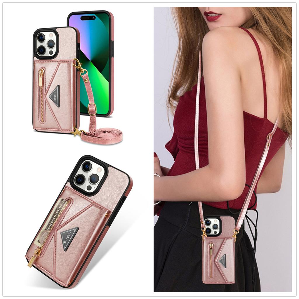Applicable to iPhone16 mobile phone case 17Pro zipper card bag insert card anti-drop bracket protective cover diagonal span lanyard