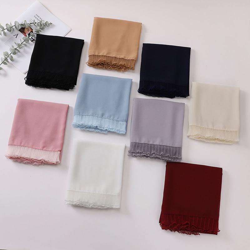 Fashion Muslim Modal Hijab Chiffon Shawls for Women Plain Soft Hijab Scarf Big Lace Trim Headscarf Islamic Turban Headband