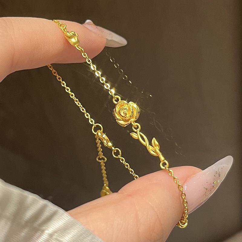 High-end and Simple Texture Bangles Exquisite Chain Small Rose Flower Charm Bracelet for Women Light Luxury Jewelry