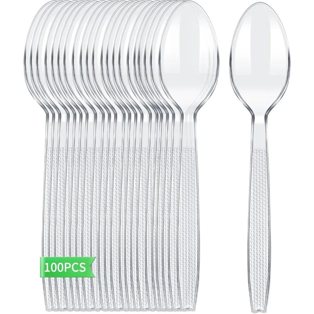 

100 шт. Одноразовые пластиковые ложки Пластиковые столовые приборы Прозрачная чайная ложка Одноразовая посуда для десерта Мороженое Праздничные принадлежности