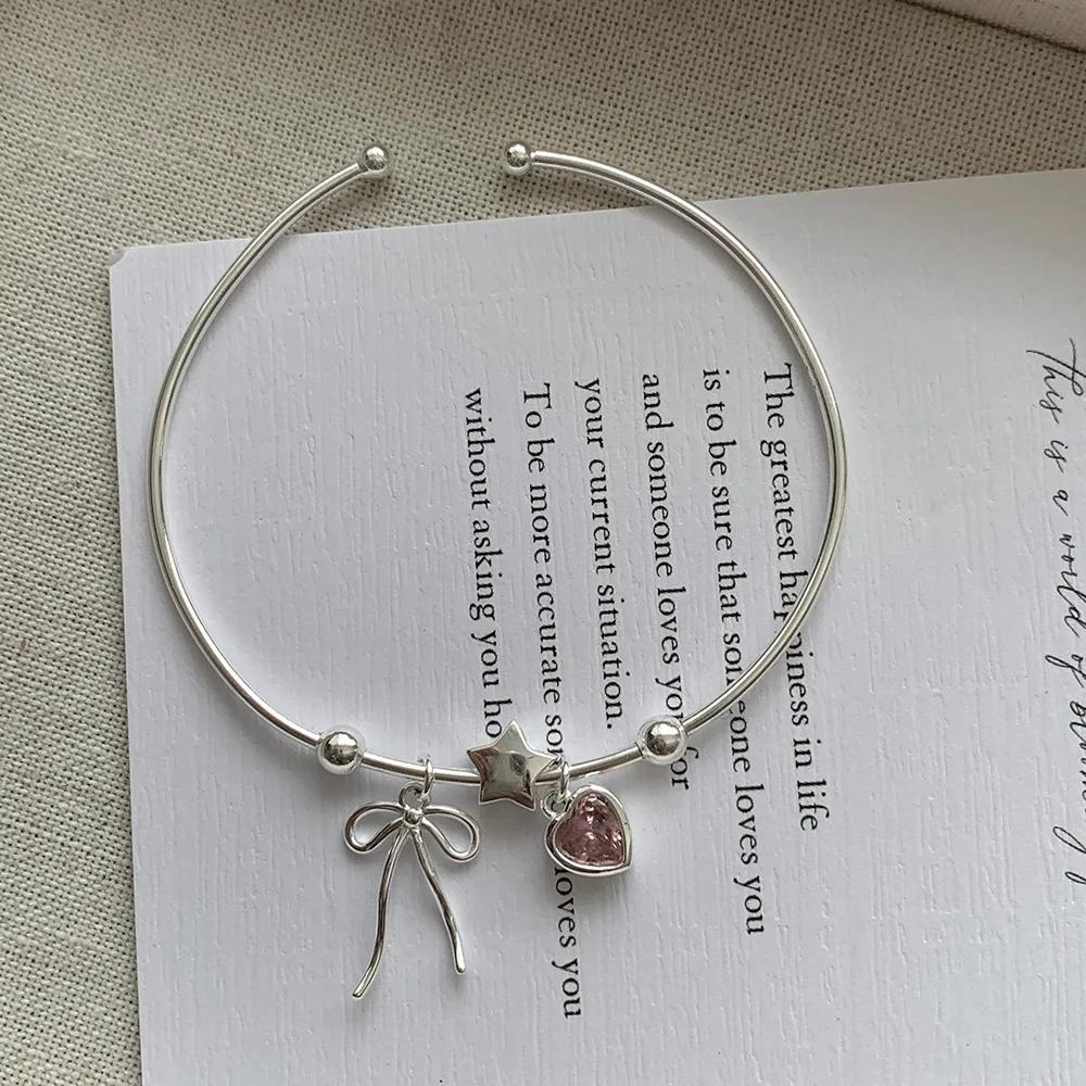 925 Silver Pearl Bracelet Women Girls Vintage Korean Pink Love Bow Chain Party Jewelry Luxury Gift