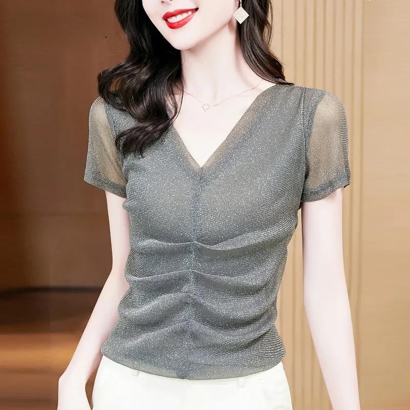 Elastisk Mesh-topp sommar Damskjorta med plisserad botten i briljant siden Slim Fit T-shirt för mamma