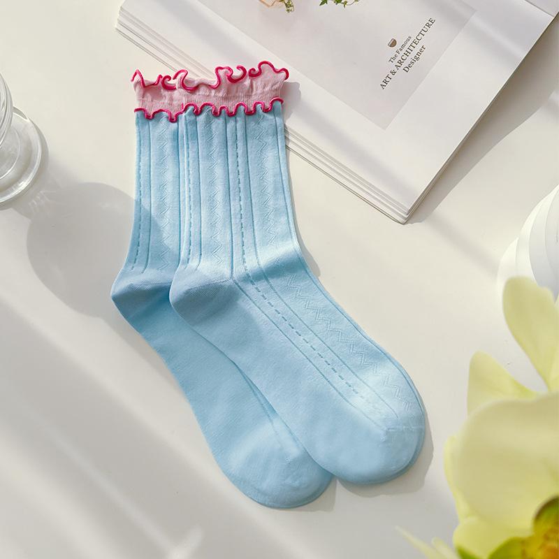 Color Blocked Spitze, Netzsocken, Damen, Mittelsohle, Neuer Stil, Ins Style, Atmungsaktiv, Japanisch, Doppelt gerippt, Kontrastierende lange Socken aus Baumwolle