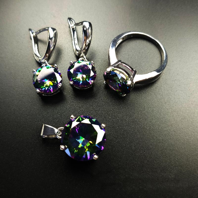 

925 Серебряный комплект ювелирных изделий, кольца, серьги, ожерелье, круглый циркон, аксессуары из драгоценных камней для женщин, подарки для свадебной вечеринки 6 разноцветный