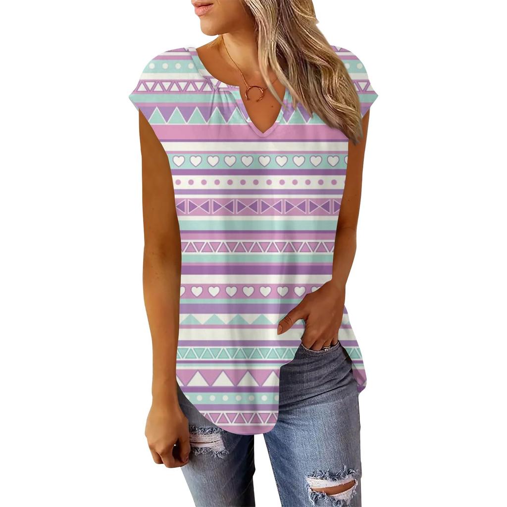 Summer Cap Sleeve T Shirts For Women Trendy Loose Casual Dressy V Neck Pleated Tunic Tank Tops