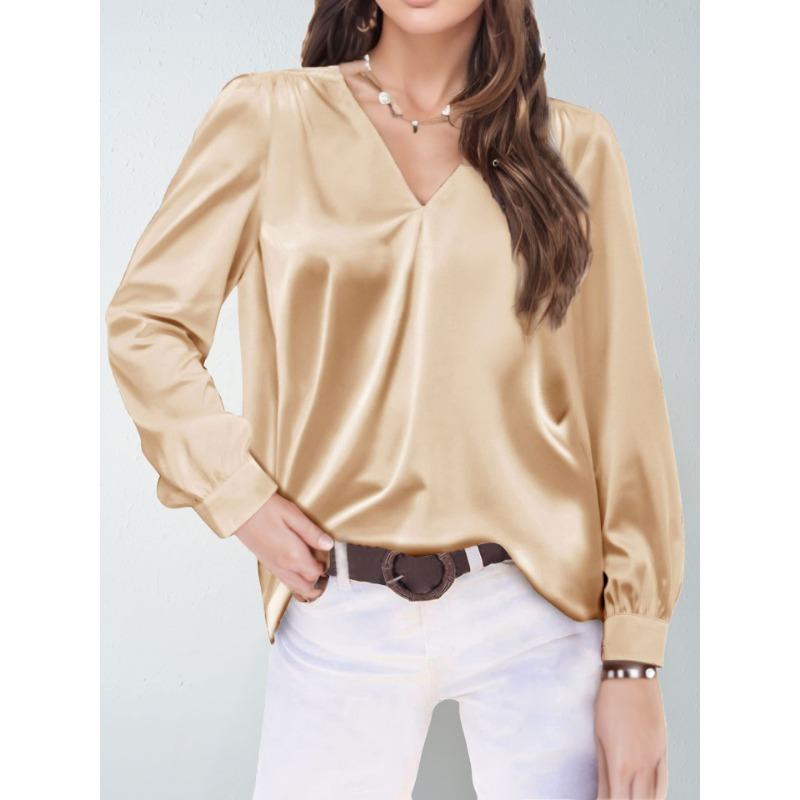 Plus Size Women's Pleated Long Sleeve V Neck Casual Loose Commuter Top