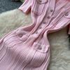 Brand Fashion Vintage Turn-down Collar Knit Maxi Dress Elegant Single-breasted A-line Long Shirt Dress Lady Party Dress