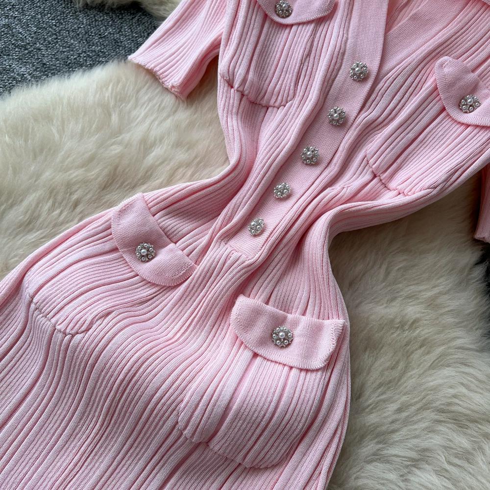 Brand Fashion Vintage Turn-down Collar Knit Maxi Dress Elegant Single-breasted A-line Long Shirt Dress Lady Party Dress