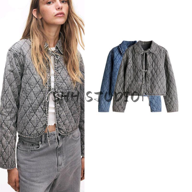 Summer New Arrival Women's Cotton Slim Fit Short Frill Collar Long Sleeves Quilted Denim Outwear 1264176