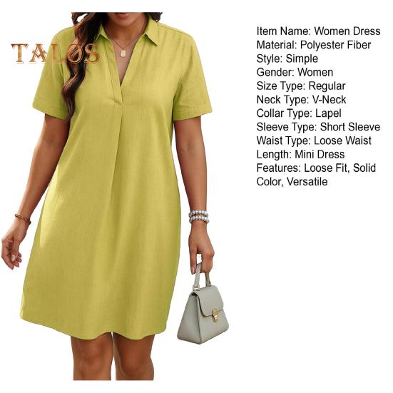 Women A-Line Dress V-Neck Lapel Short Sleeve Solid Color Summer Dress Loose Fit Lightweight Casual Dress