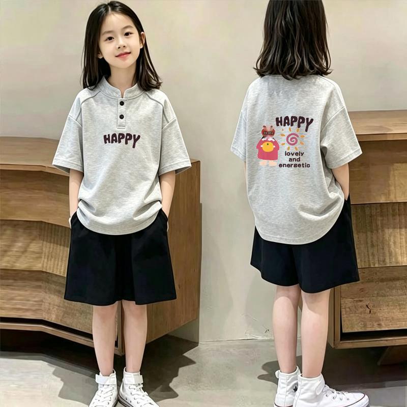 Korean Style Girls' Cotton Stand Collar Short Sleeve T-shirt & Polo Two-Piece Summer Set for Medium and Large Children