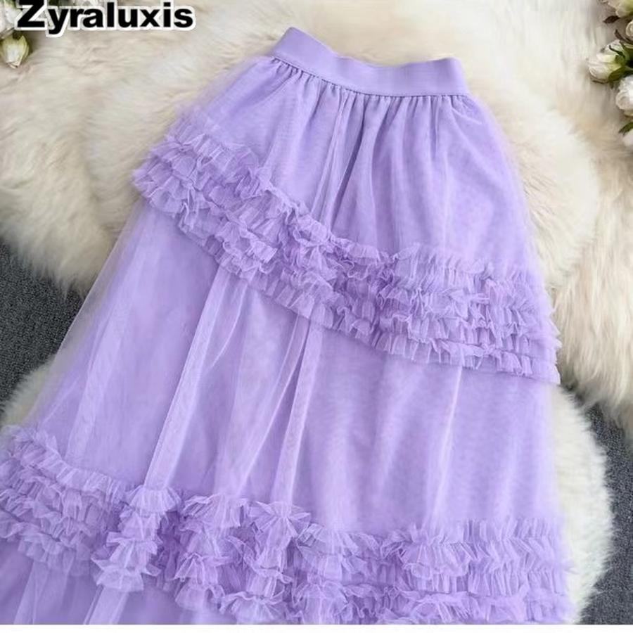 Autumn Sweet Retro Court Wood Ear Patchwork Irregular Cake Puffy Skirt Fairy Lace Mesh Half Skirt