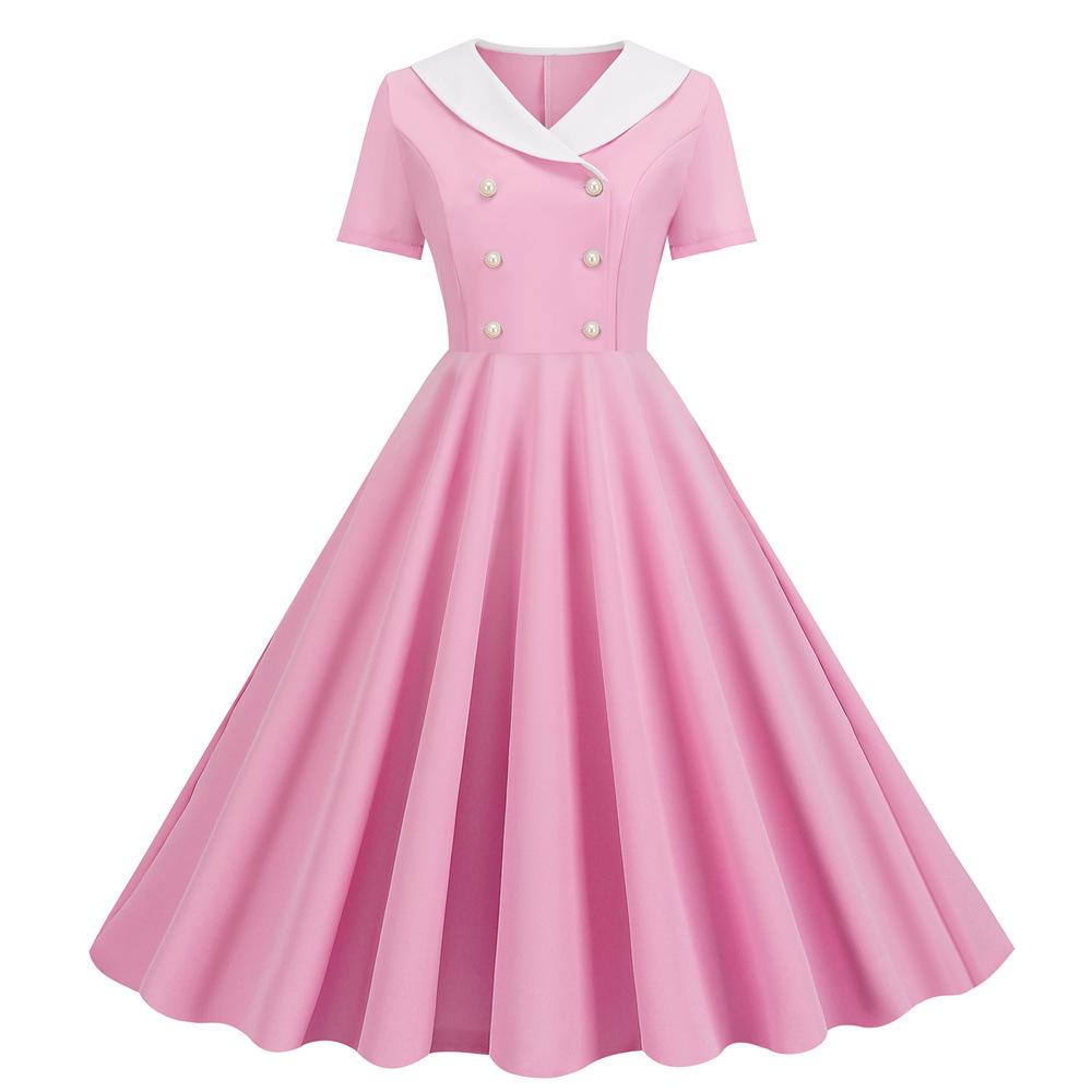 Women Prom Party Dress Vinatge 50s Evening Dress A-line Big Swing Short Sleeve V Neck Button Decor Fake Double-breasted Hidded Zipper Solid