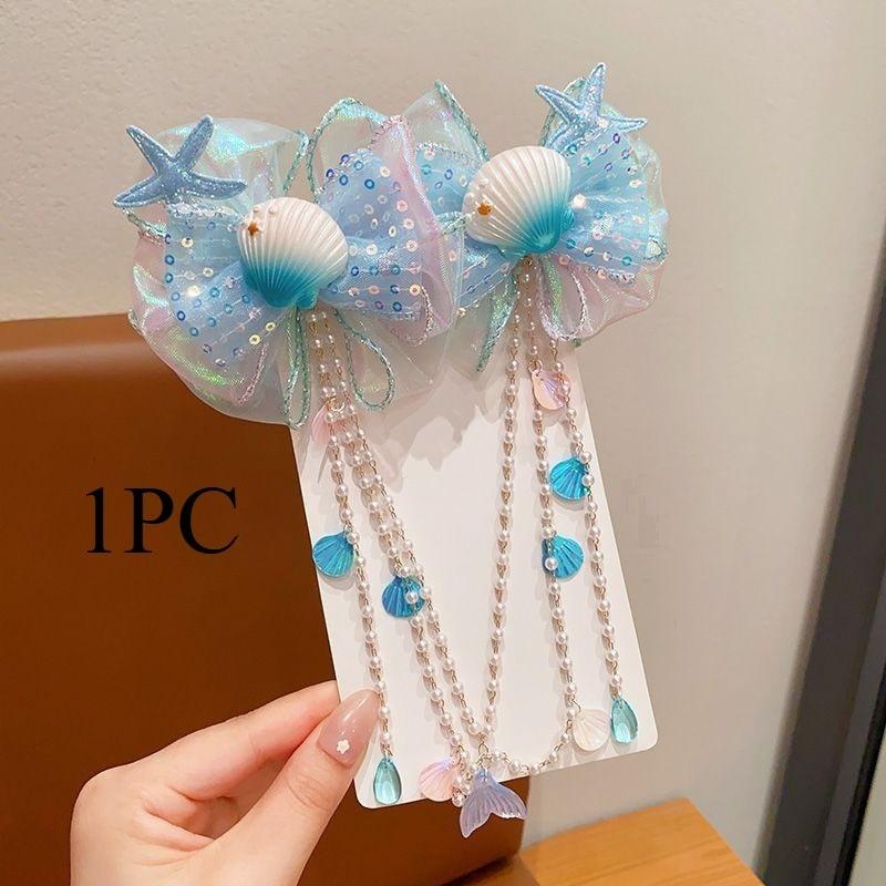 1/2PCS. Girls' Mermaid Hair Accessories: Dreamy Forehead Chains, Princess Tassel Clips & Shell Ear Cuffs,  Adorable  Ornaments