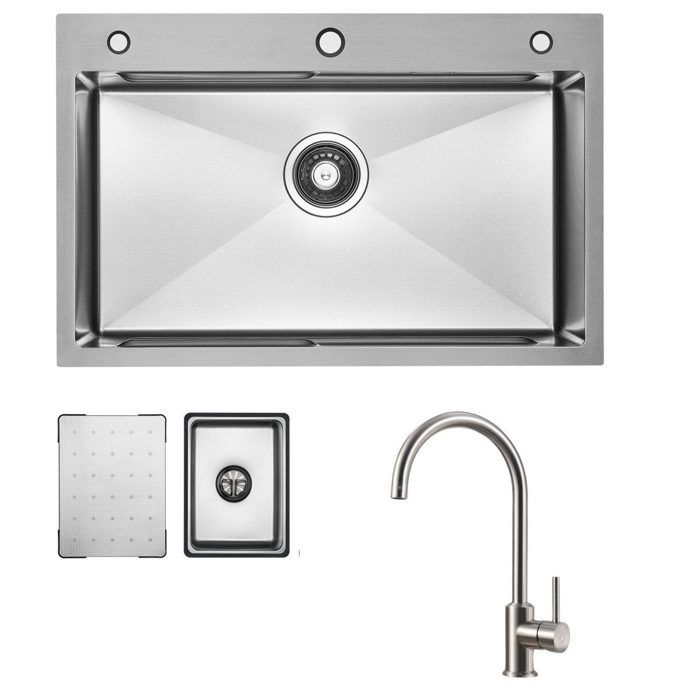 Évier de Cuisine - Brossé - 70x45cm - 1.5 Bacs - Robinet Rotatif 360° - Inox Durable