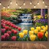 2D Flat Printed Tulip Backdrop, Vibrant Multicolor Tulip Garden with Waterfall Photo Background
