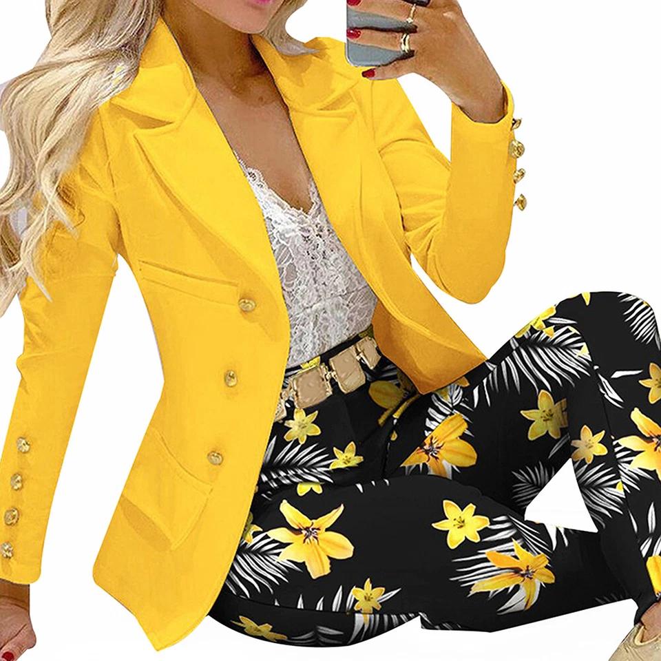 2PCS Women Blazer Suit Lapel Jacket Coat + Pants Co-ord Set Formal Office Outfit