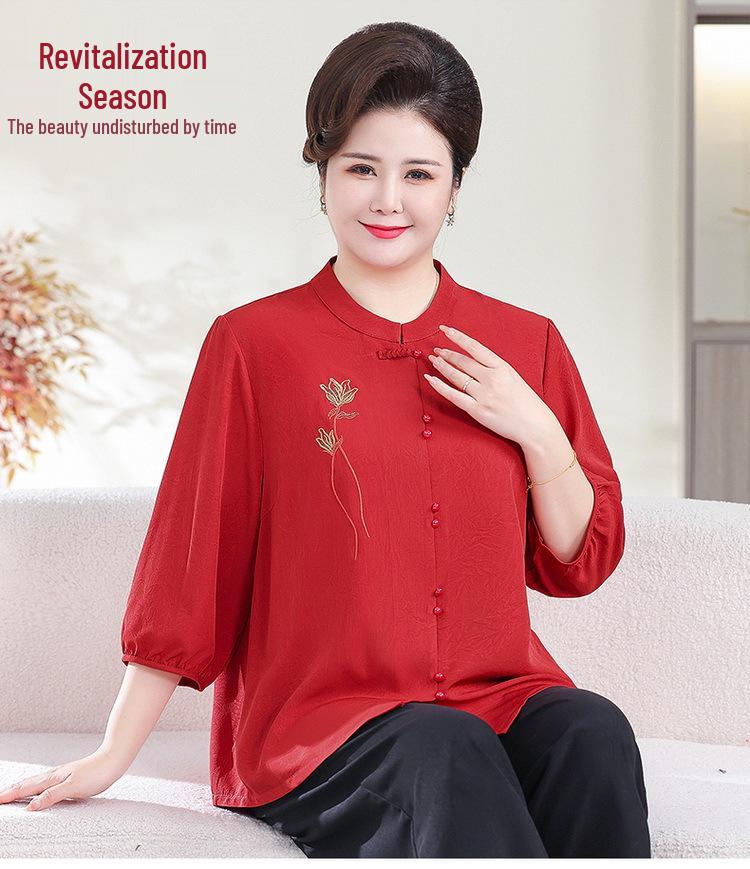 Plus-Size Chinese Style Seven-Sleeve Cardigan Shirt for Middle-Aged and Elderly Women