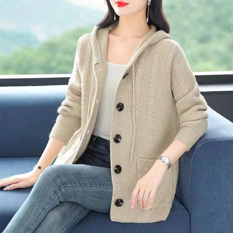 Sweater Coat for Women Cotton Knit Loose Thickened Sweater Hooded Tops Casual Oversize Cardigan Jacket