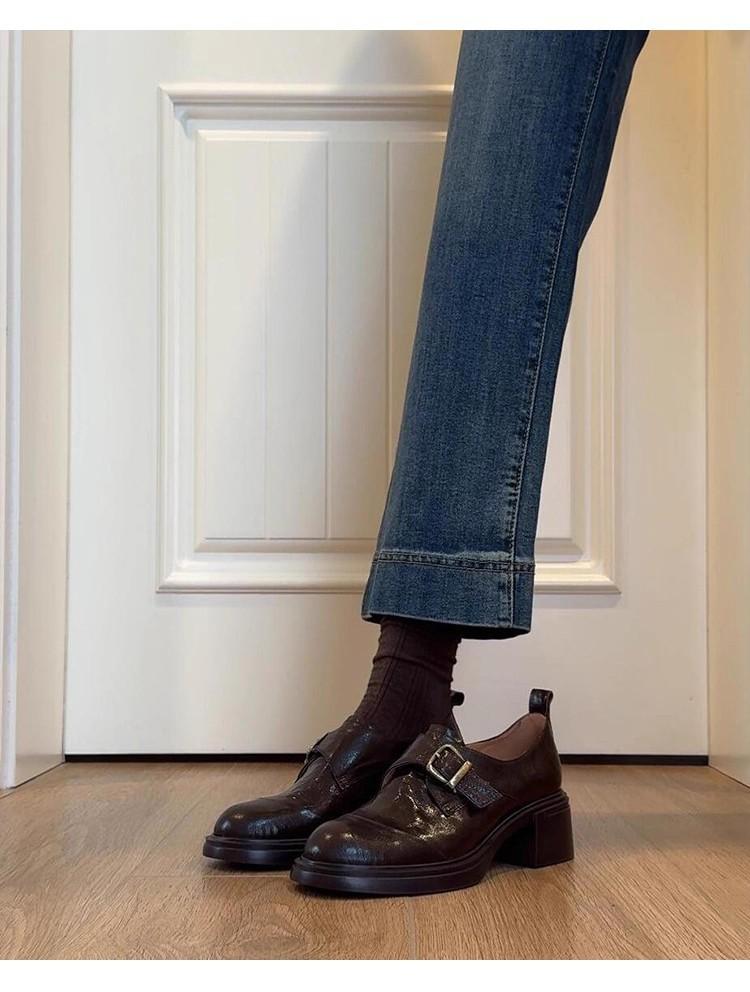 Cowhide Version~ British Style Thick Heel Small Leather Shoes for Women's Autumn and Winter New Mid-heel Buckle with Versatile Retro Round Head Sin