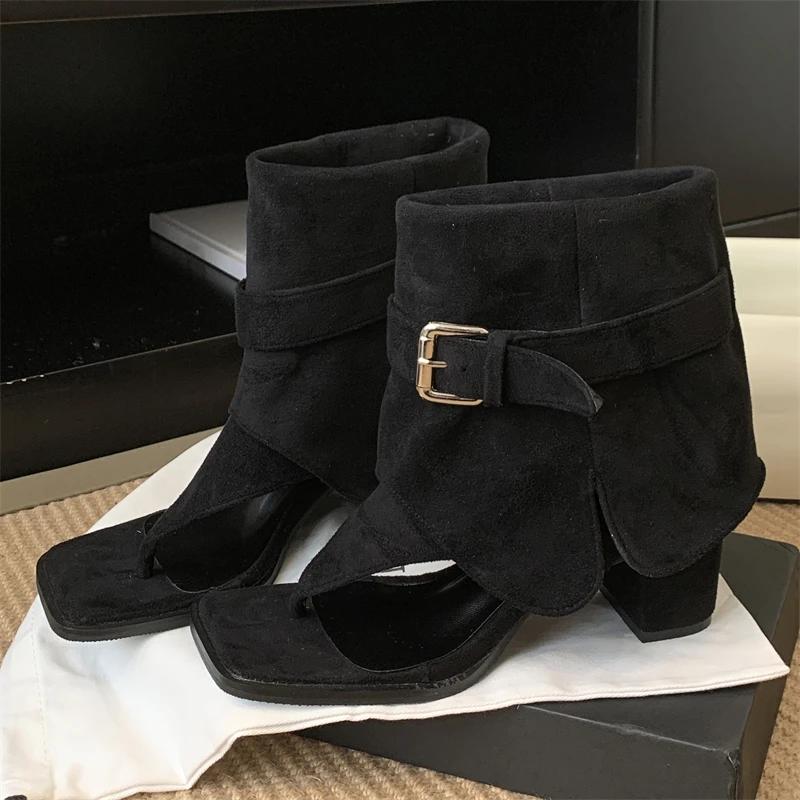 Pesstwei Fashion Retro Peep Clip Toe Women Ankle Cool Boots Sandals Spring Autumn Square Heels Buckle Strap Female Roman Shoes 35 чёрный