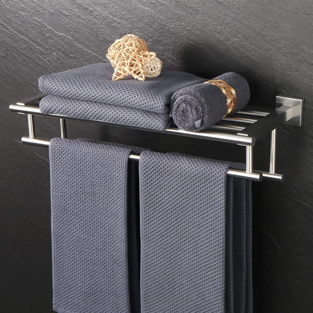 SUS 304 Stainless Steel Towel Rack Practical Double Bars Towel Shelf Household Bathroom Wall Mount Holder