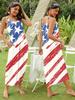 Summer new European flag print dress suspender pocket fashionable and elegant women's dress