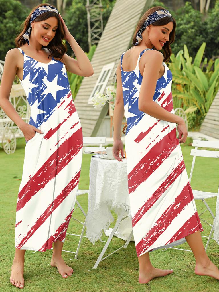 Summer new European flag print dress suspender pocket fashionable and elegant women's dress