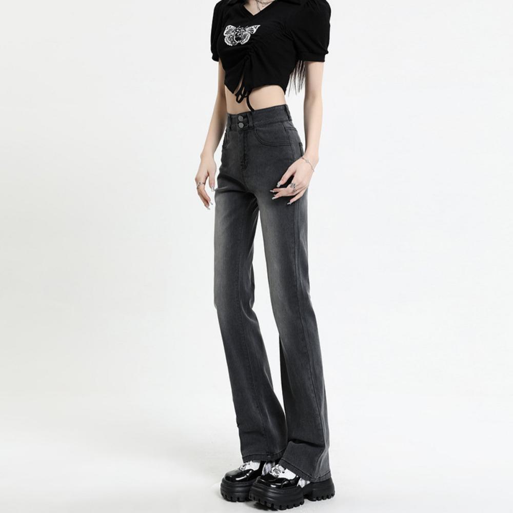 Retro Schlagjeans 2025 neues Design hohe Taille und dünne schwarze graue Bodenwischjeans Damen