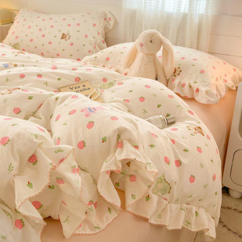 

Комплект из четырех предметов из чистого хлопка с кружевом Мягкая двухслойная пряжа Простыня Простыня Пододеяльник Односпальный Комплект из трех предметов 1.2m three-piece set